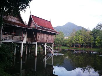 Reflection of building in lake against sky