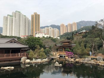 Buildings by river against sky in city