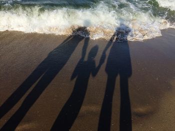 Shadow of parents with child standing at beach