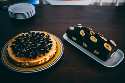 High angle view of cake in plate on table