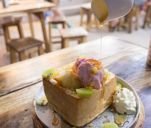 Close-up of dessert in plate on table