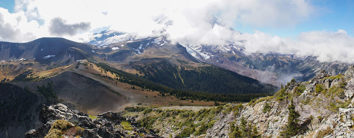 Panoramic view of snowcapped mountains against sky