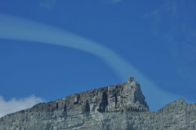 Low angle view of mountain against blue sky