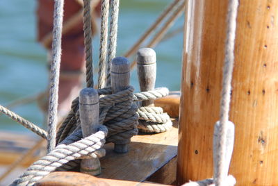 Close-up of ropes tied in boat