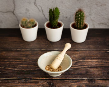 High angle view of potted plant on table