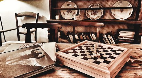 High angle view of chess on table