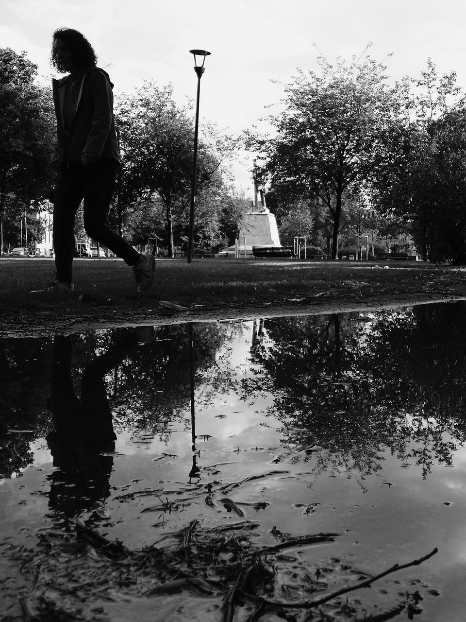 tree, water, lifestyles, leisure activity, men, walking, reflection, full length, rear view, standing, lake, person, street light, park - man made space, sky, outdoors, nature, clear sky