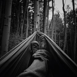 Low section of person relaxing on hammock in forest
