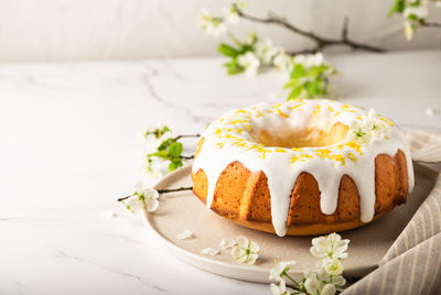 Close-up of cake in plate on table