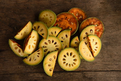 High angle view of fruits on table