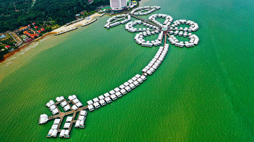 High angle view of ship moored at harbor