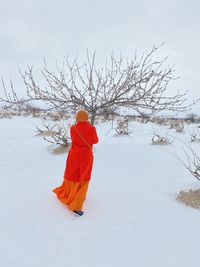 Rear view of person on snow covered land in turkey during winter 