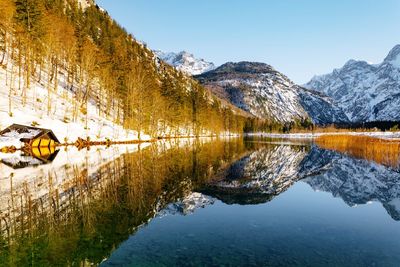 Scenic view of lake by snowcapped mountains against sky