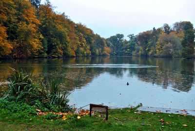 Scenic view of lake by trees against sky