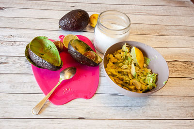 High angle view of breakfast served on table