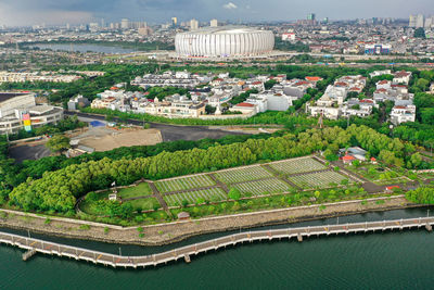 High angle view of buildings in city