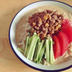 High angle view of meal served in bowl on table