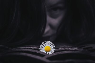 Close-up of white flower on open book against woman