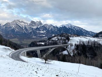 Scenic view of snowcapped mountains against sky during winter