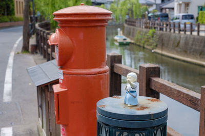 Close-up of water on table by railing in city