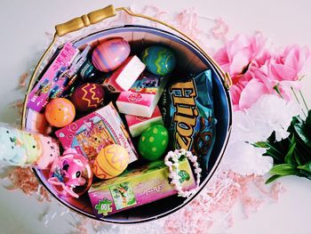 Multi colored objects on table