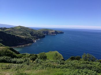 Scenic view of sea against clear blue sky