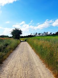 Dirt road amidst field against sky