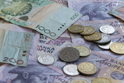 Close-up of coins on paper