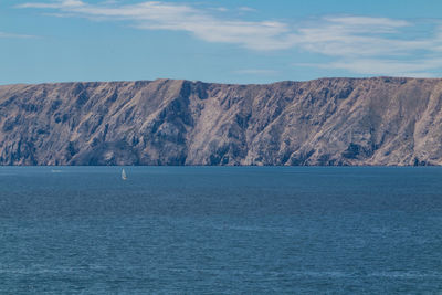 Scenic view of sea by mountains against sky