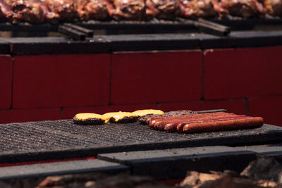 Close-up of meat on barbecue grill