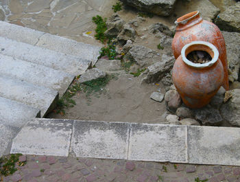 High angle view of clay pots