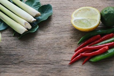 High angle view of chili peppers on table