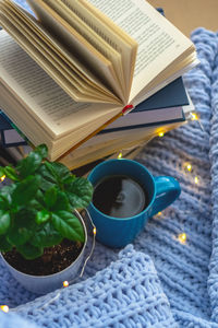 High angle view of coffee on table