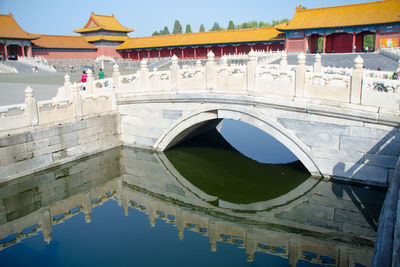 Arch bridge over lake in temple