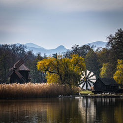 Scenic view of lake against sky during autumn