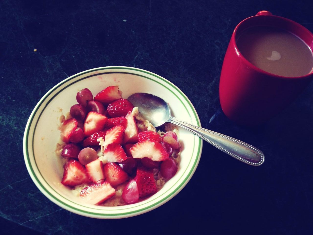 food and drink, food, freshness, indoors, healthy eating, fruit, red, bowl, still life, table, high angle view, directly above, plate, ready-to-eat, close-up, strawberry, blueberry, breakfast, drink, sweet food