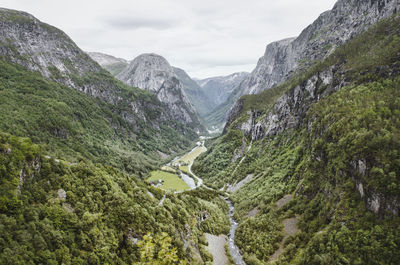 Scenic view of mountains and river against sky