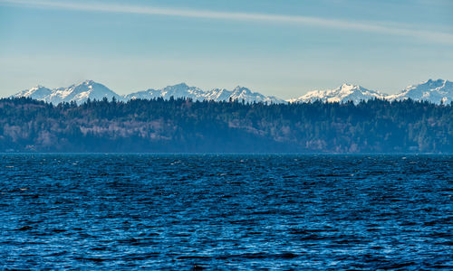 Scenic view of sea and mountains against sky