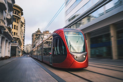 Close-up of tram on city street