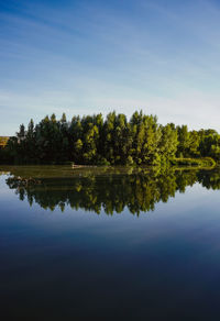 Scenic view of lake by trees against blue sky