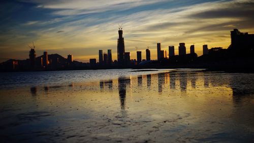 City skyline at sunset