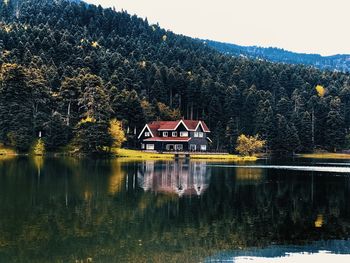 Built structure by lake against sky