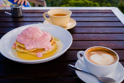 Close-up of breakfast served on table