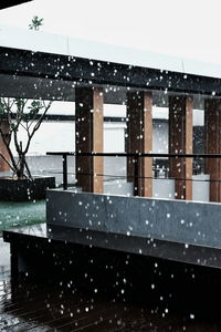 Buildings seen through wet window during winter