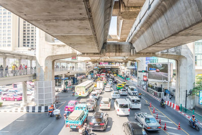 High angle view of traffic on road in city