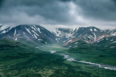 Scenic view of snowcapped mountains against sky