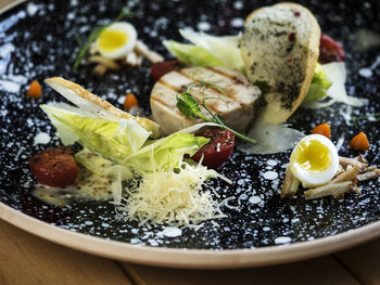 Close-up of food served in plate on table