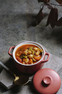 High angle view of soup in bowl on table