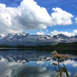 Scenic view of lake and mountains against sky