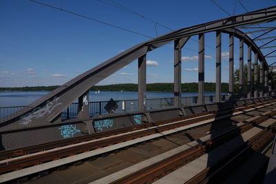 Train on bridge against sky